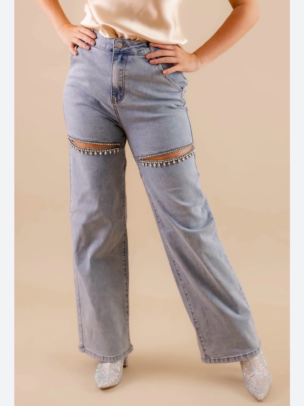 Light Blue Rhinestone-Trim Wide Leg Jeans - Women